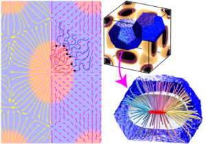 Schematic showing the polar order parameter field for a linear diblock melt that has formed a stretched verion of a hexagonal cylinder phase, along with integral curves representing mean chain trajectories. Also shown are 3D renderings of an A15 unit cell with extracted terminal boundaries and a set of integral curves.