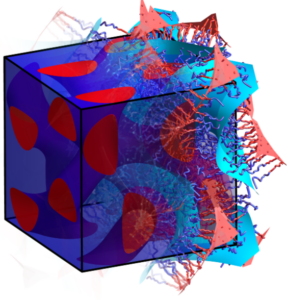 Artistic rendering of a double gyroid unit cell with medial surfaces sticking out and representations of polymer chains sandwiched between the medial surfaces.